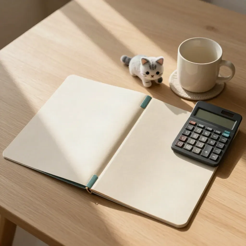Top-down pet insurance folders, calculator, mug and cat toy on a sunlit wood table.