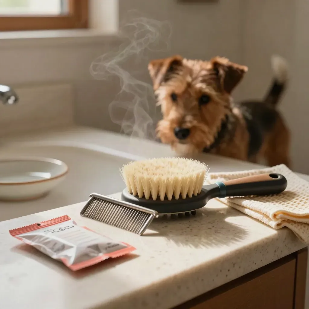 Flea comb, brush, treatment pack and cloth on a travertine bathroom counter with a blurred terrier.