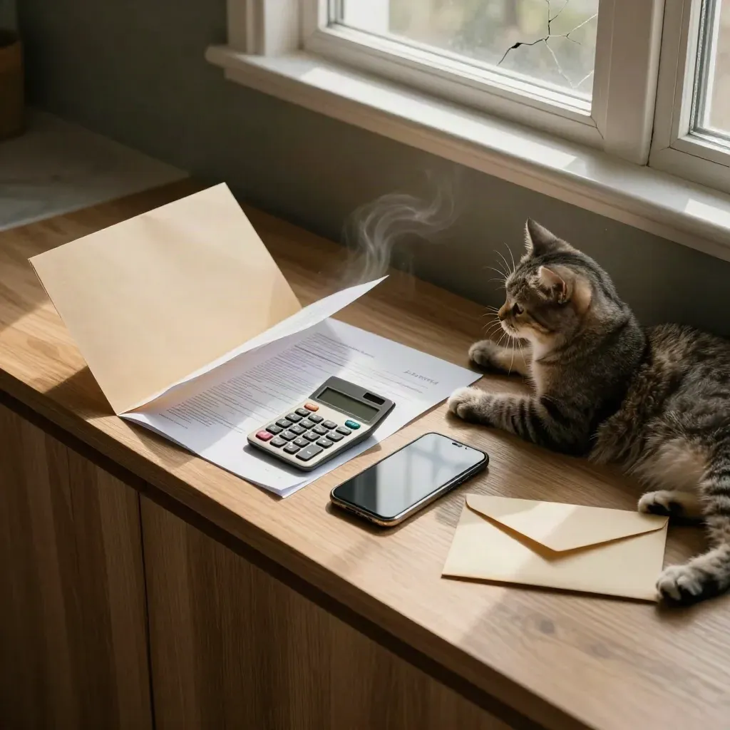 Open pet claim kit on a kitchen sideboard, calculator, phone and stretching cat in window light.