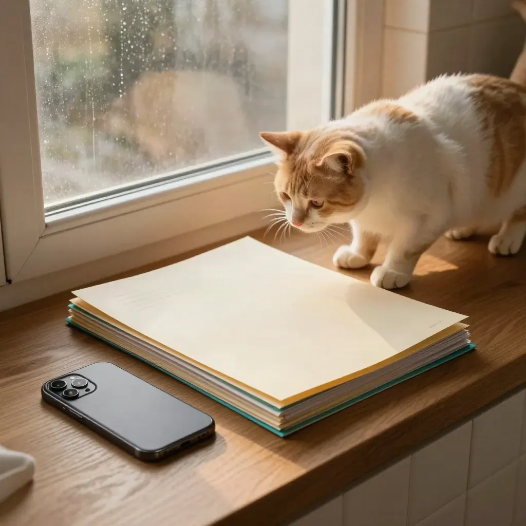 Cat brushes past claim folders and a face-down phone on a kitchen windowsill.