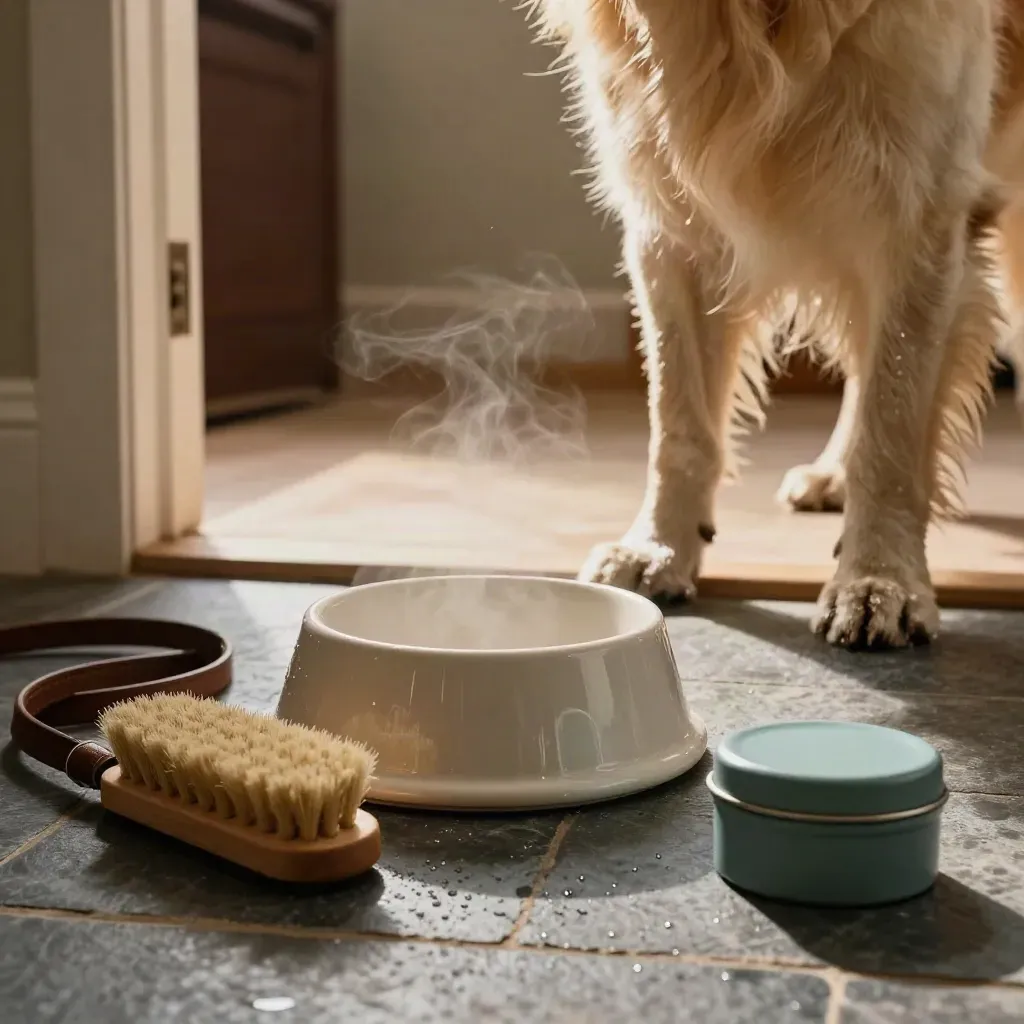 Wet retriever mid-step by bowl, brush, lead and teal medicine tin in a mudroom.