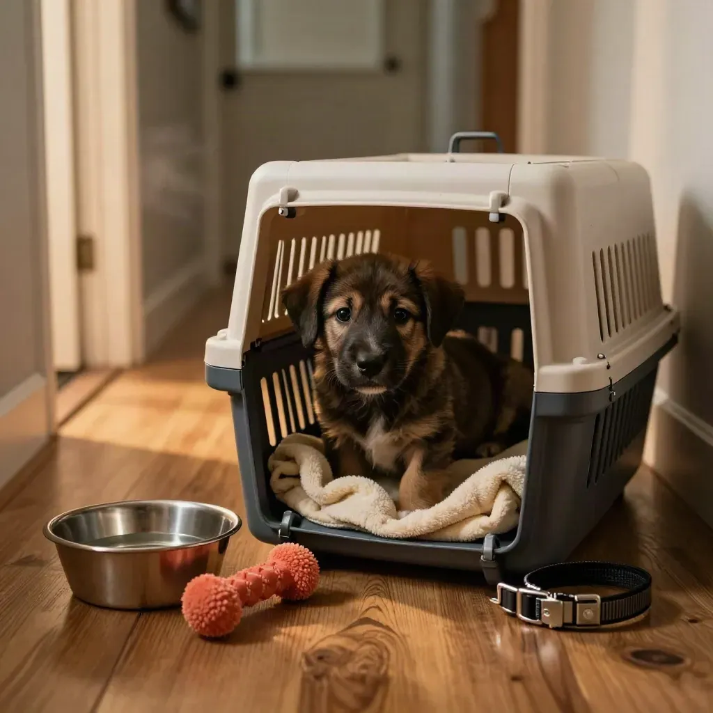 Rescue puppy settling in a cardboard carrier with blanket, bowl, toy and new collar in a warm hallway