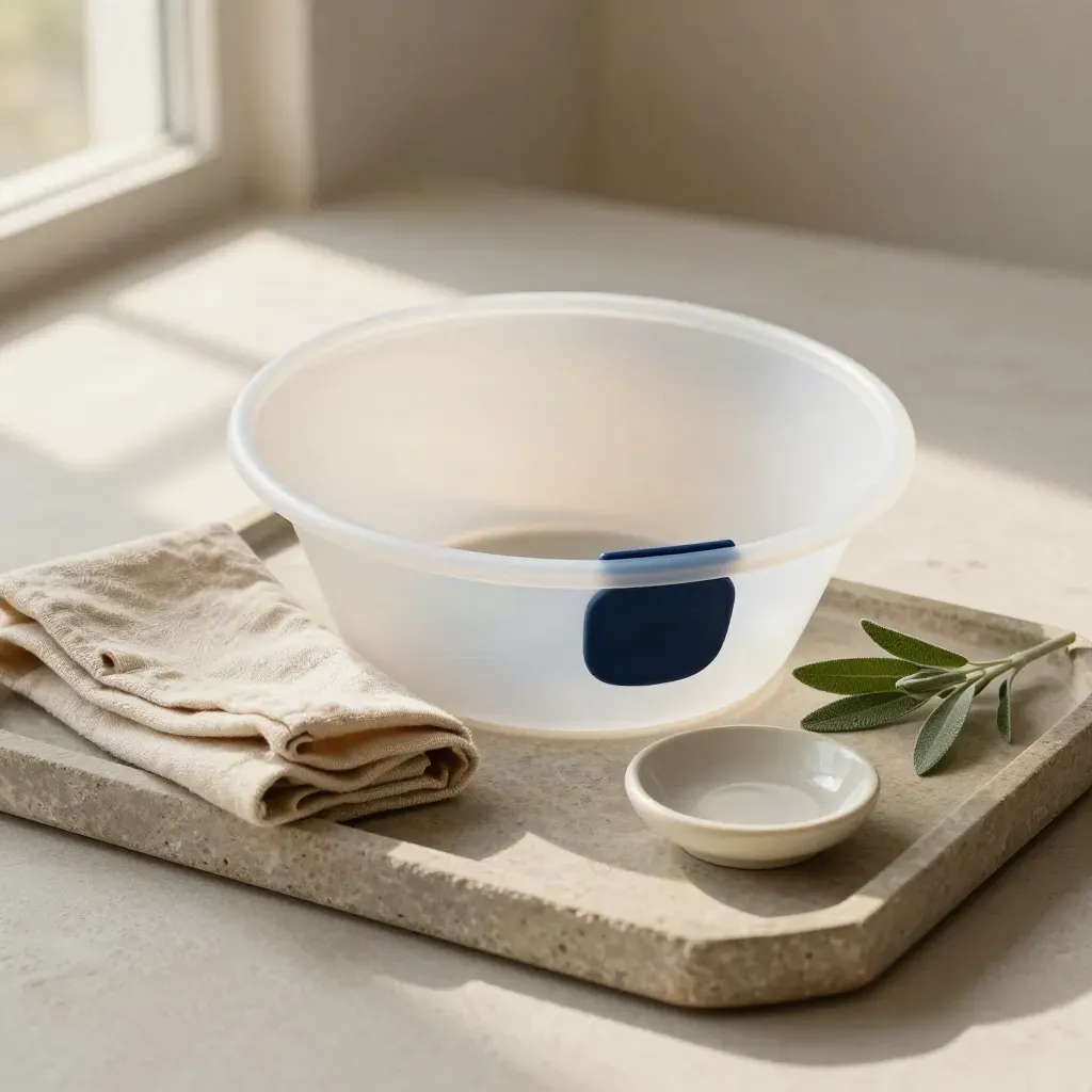 White e-collar with linen, dish and plant on stone tray in soft daylight.